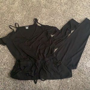 Black jumpsuit, open shoulders